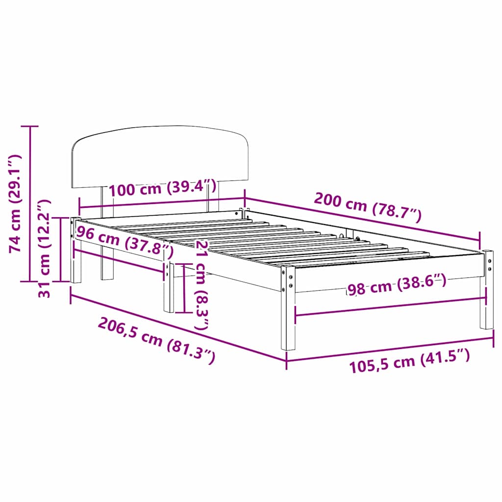 Krevetna konstrukcija Prirodna 100 x 200 cm Čvrsto borovo drvo