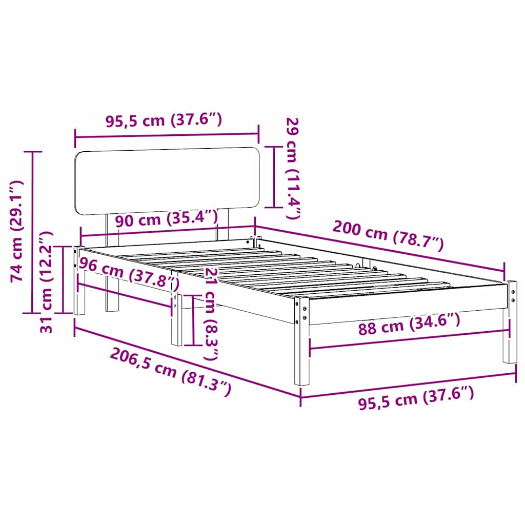 Krevetna konstrukcija Prirodna 90 x 200 cm Čvrsto borovo drvo