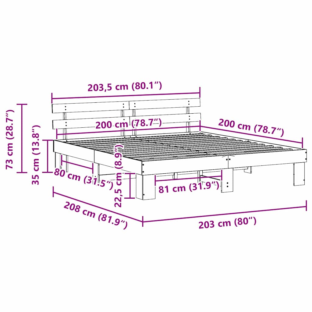 Krevetna konstrukcija Prirodna 200 x 200 cm Čvrsto borovo drvo