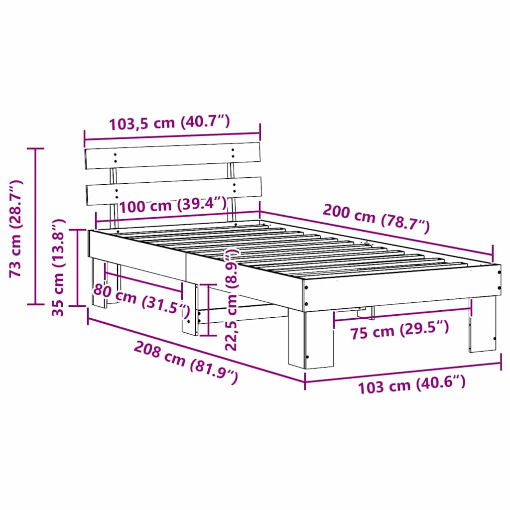 Krevetna konstrukcija Prirodna 100 x 200 cm Čvrsto borovo drvo