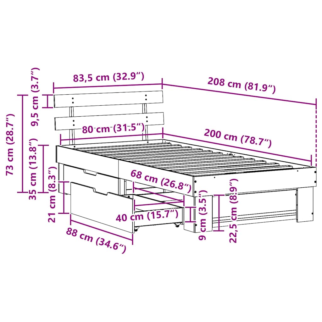 Krevetna konstrukcija Prirodna 80 x 200 cm Čvrsto borovo drvo