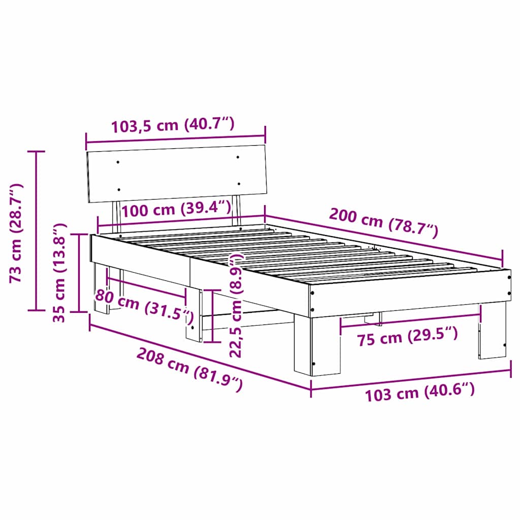 Krevetna konstrukcija Prirodna 100 x 200 cm Čvrsto borovo drvo