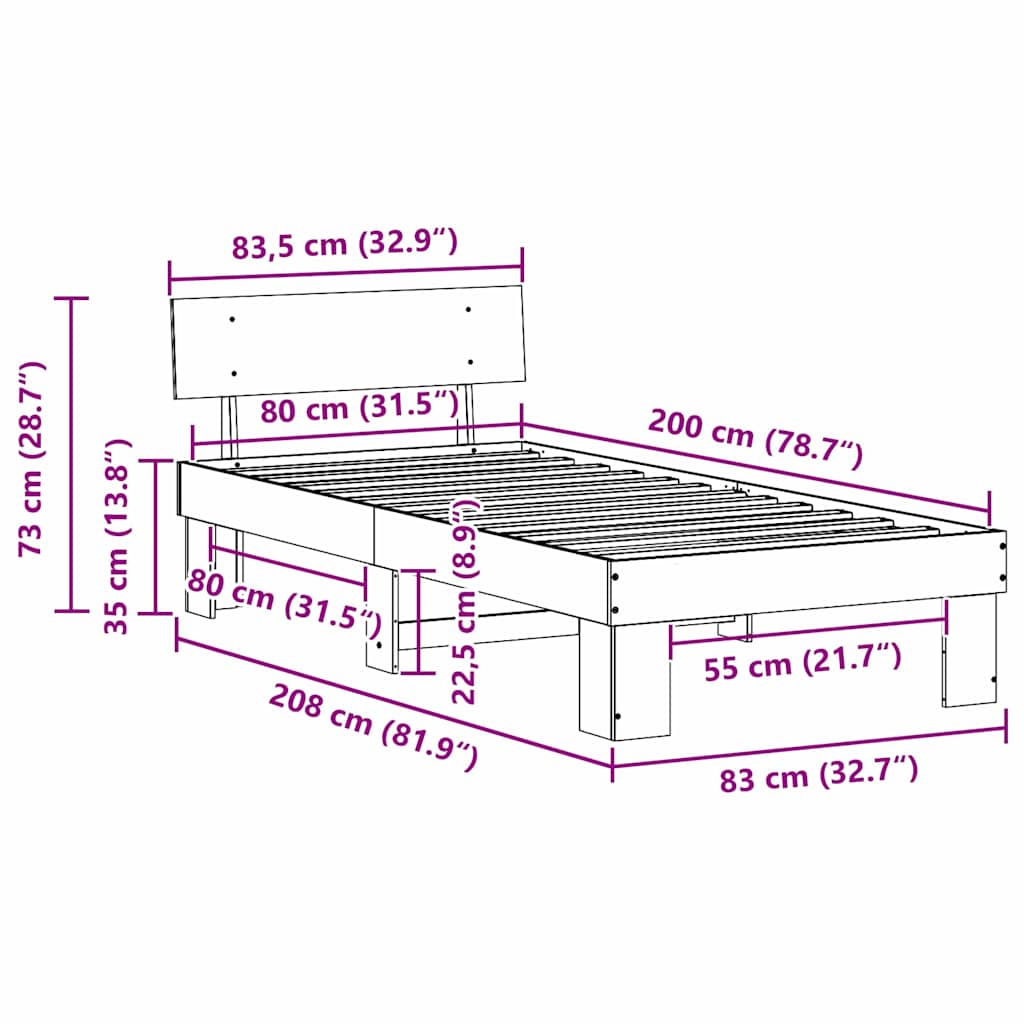 Krevetna konstrukcija Prirodna 80 x 200 cm Čvrsto borovo drvo
