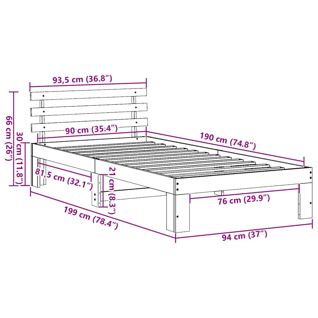 Krevetna konstrukcija Prirodna 90 x 190 cm Čvrsto borovo drvo
