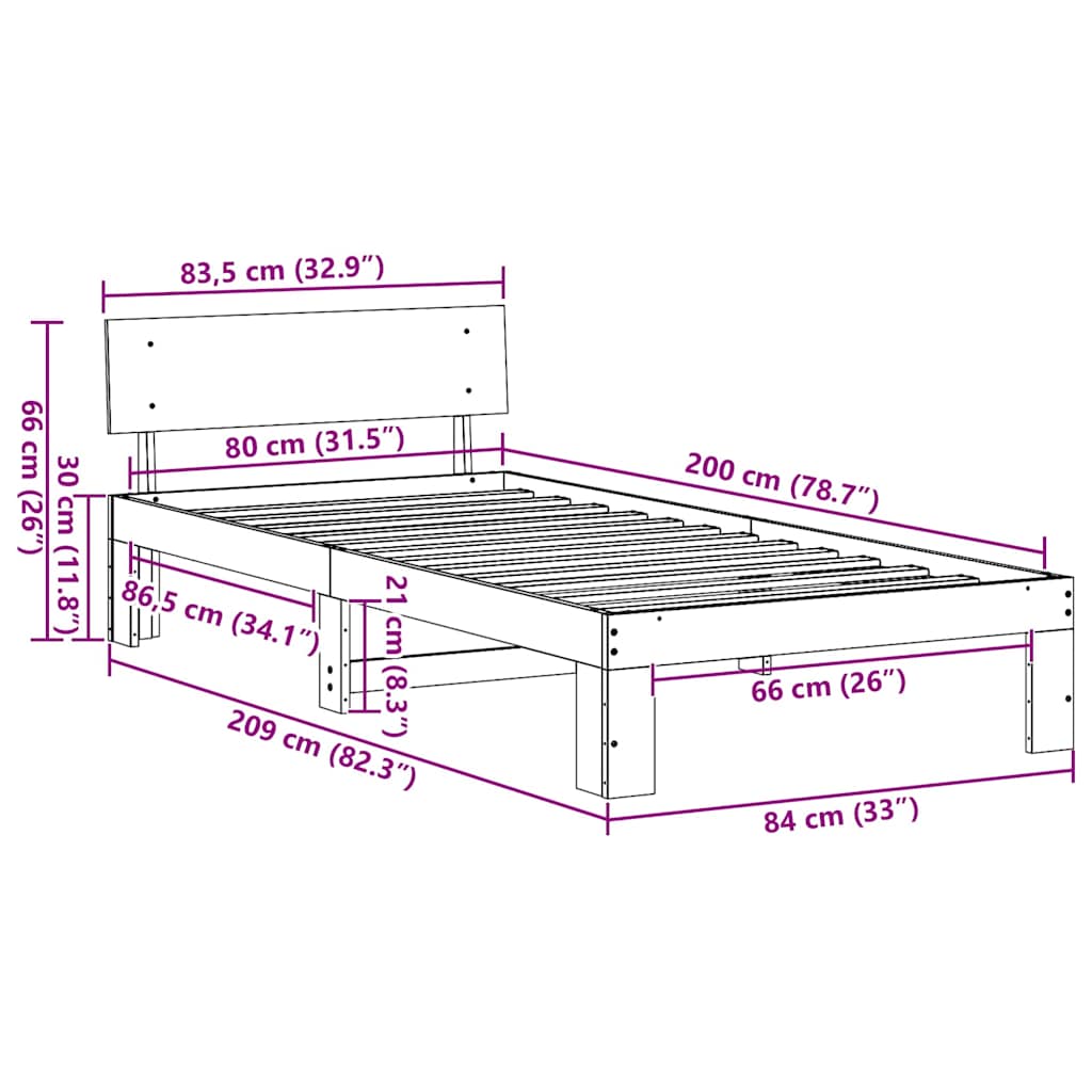 Krevetna konstrukcija Bijelo 80 x 200 cm Čvrsto borovo drvo
