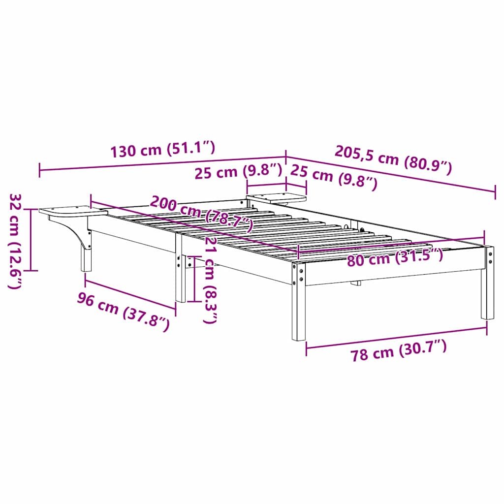Krevetna konstrukcija Prirodna 80 x 200 cm Čvrsto borovo drvo