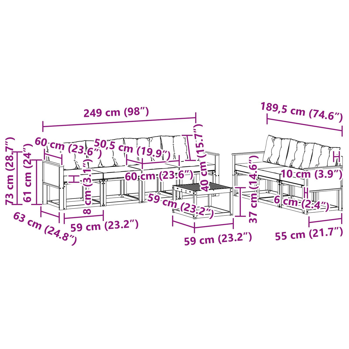 Set vanjskih sofa 8 kom. Prirodna i crna