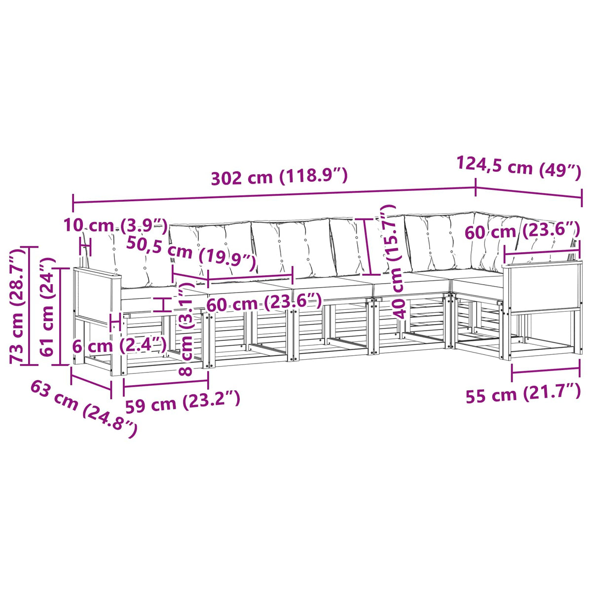 Set vanjskih sofa 6 kom. Prirodna i krem Smeđa 302 x 124,5 x 73 cm