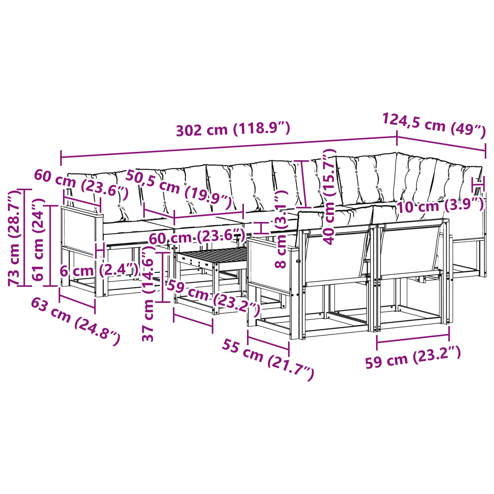 Set vanjskih sofa s jastukom 9 pcs Prirodna i svjetlosiva