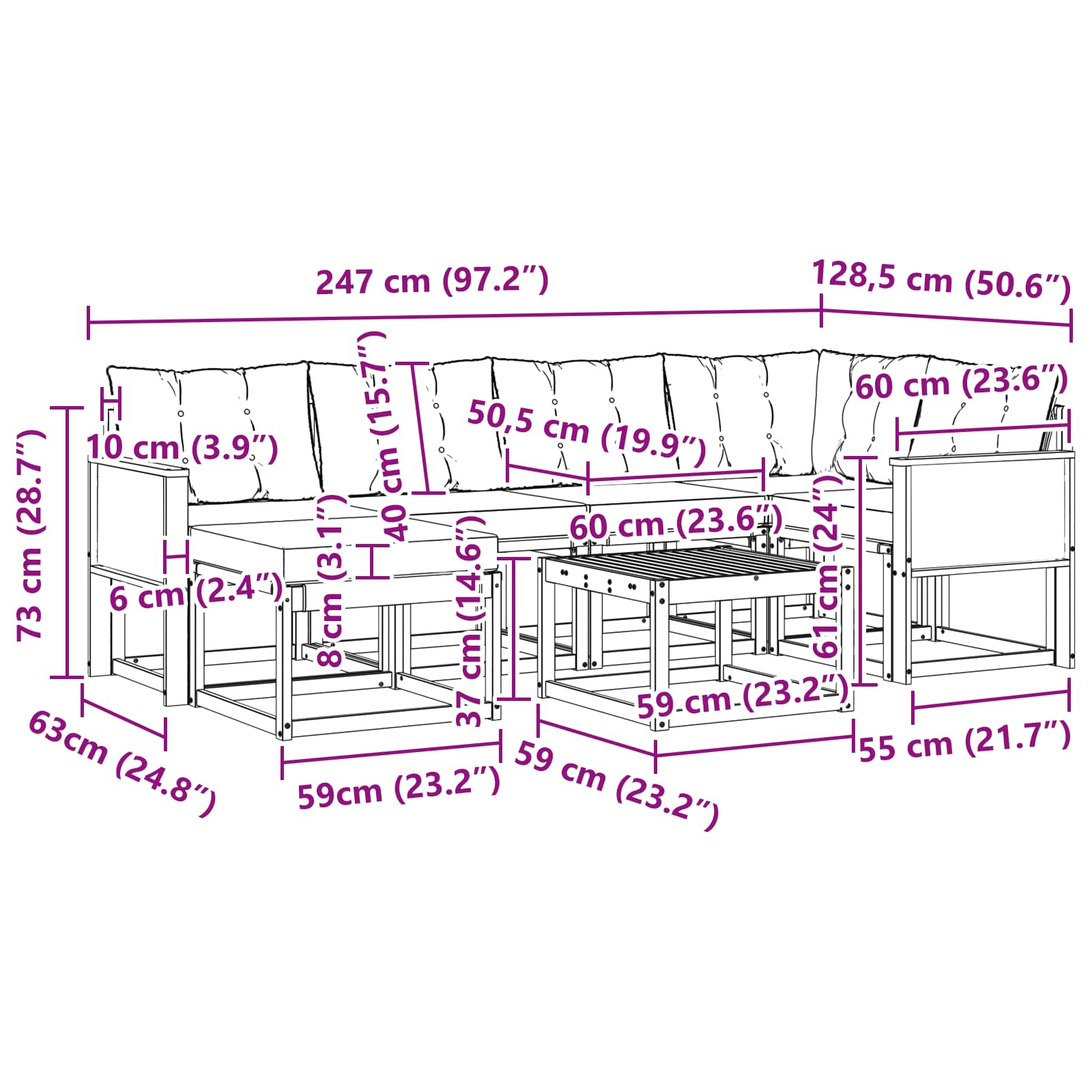 Set vanjskih sofa 7 kom. Prirodna i crna