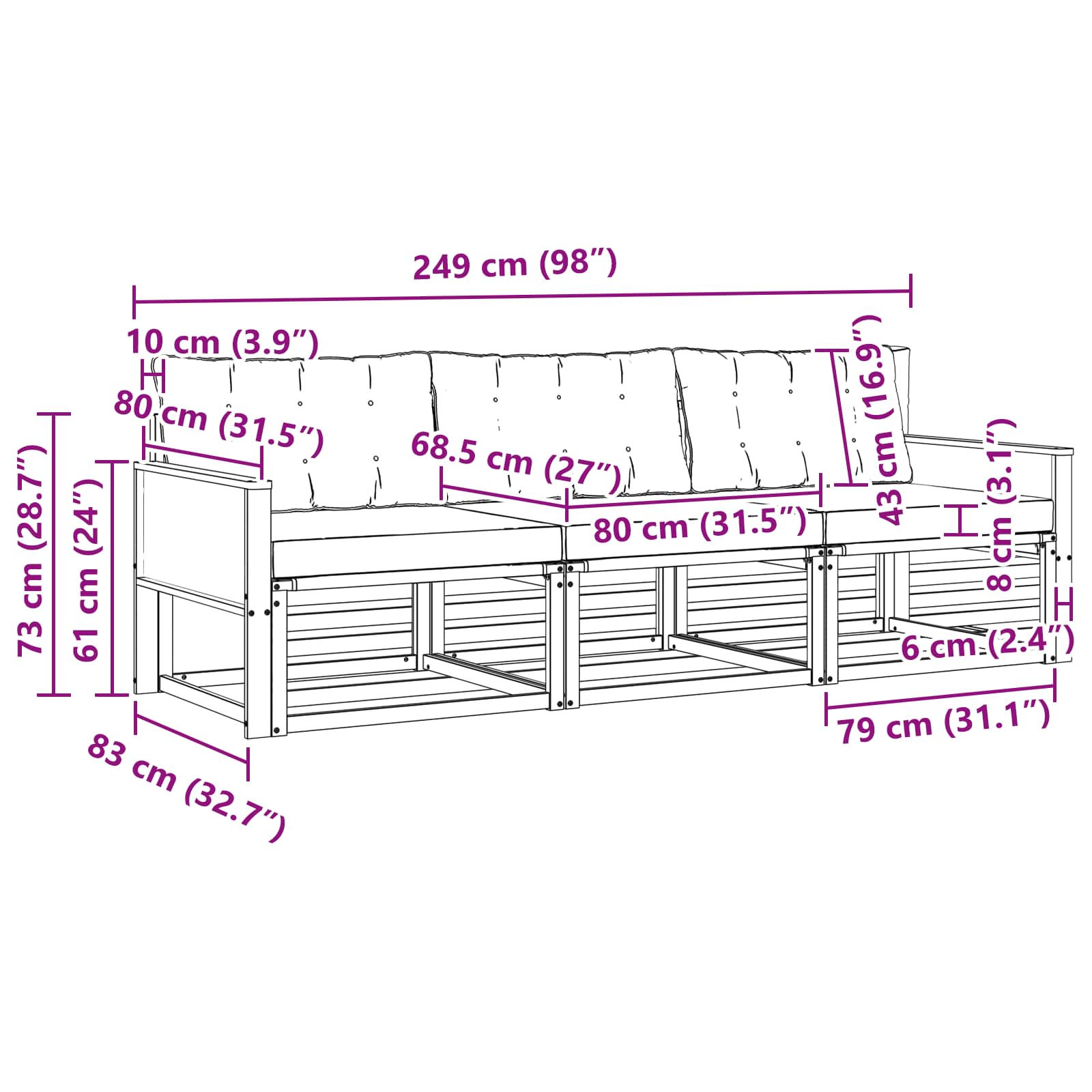 Set vanjskih sofa 3 kom. Prirodna i crna