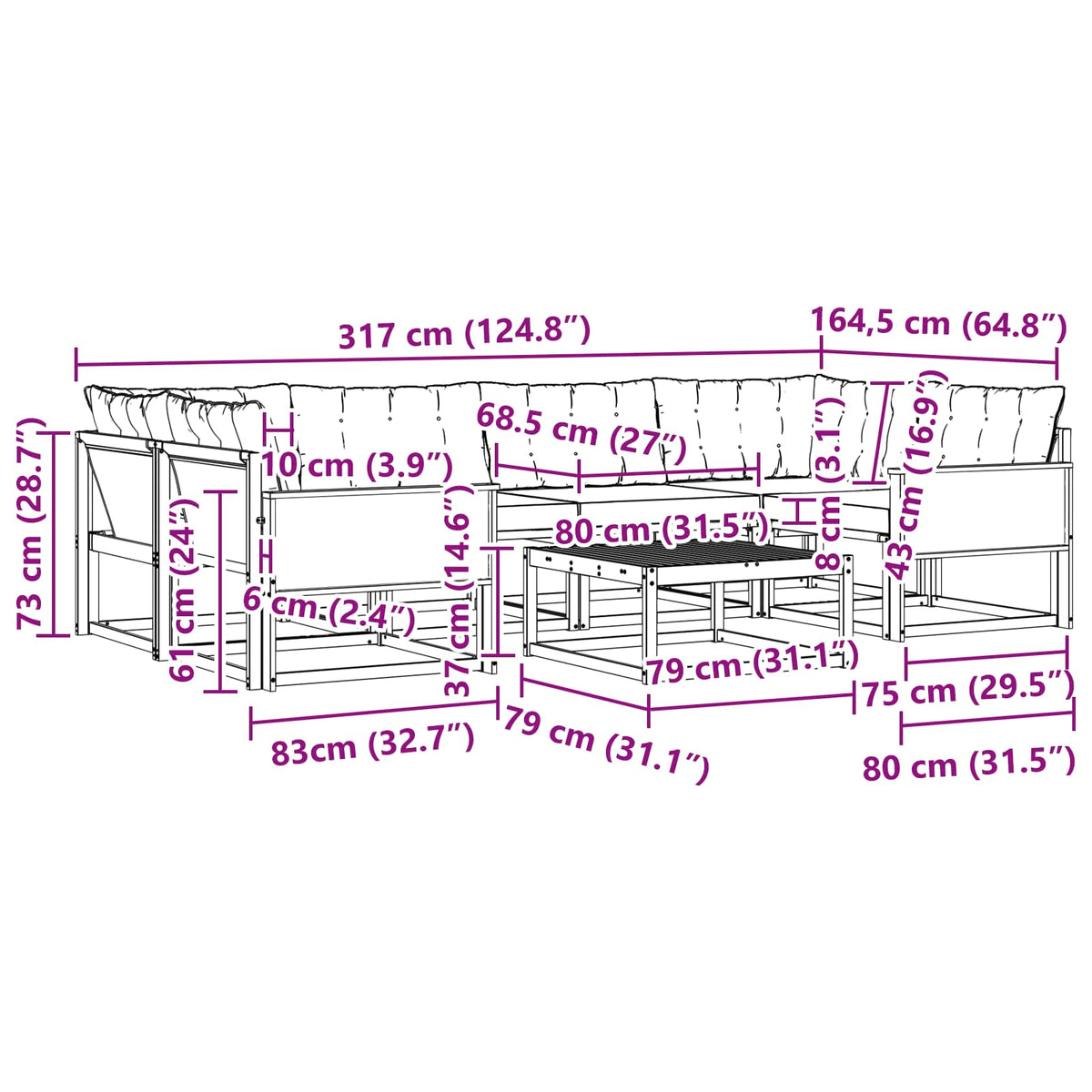 Set vanjskih sofa 7 kom. Prirodna i crna