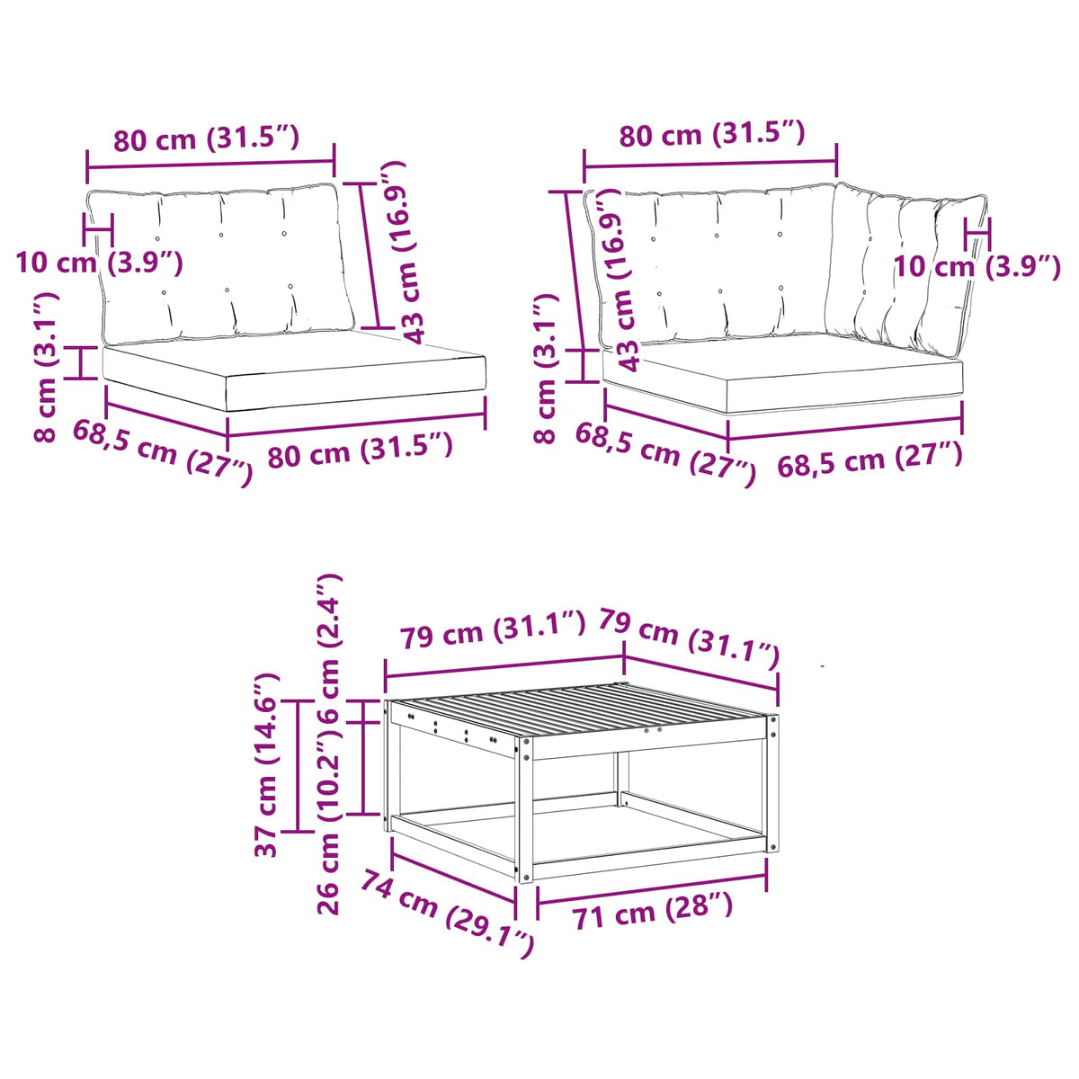 Set vanjskih sofa 7 kom. Prirodna i crna