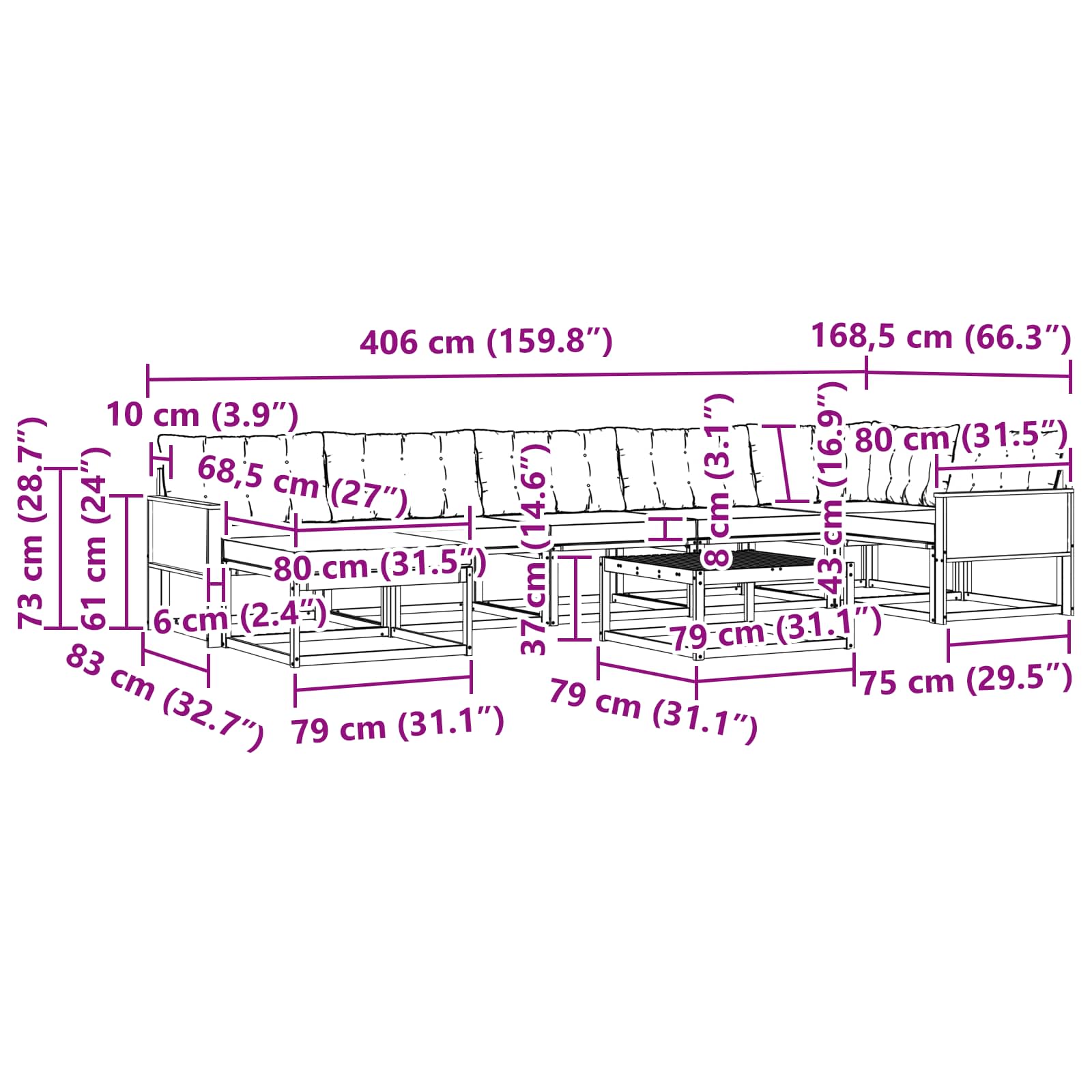 Set vanjskih sofa 8 pcs Prirodna i crna Čvrsto drvo akacije