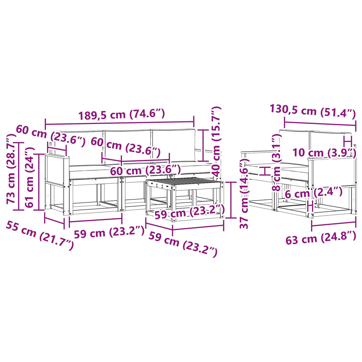 Set vanjskih sofa 6 kom. Prirodna