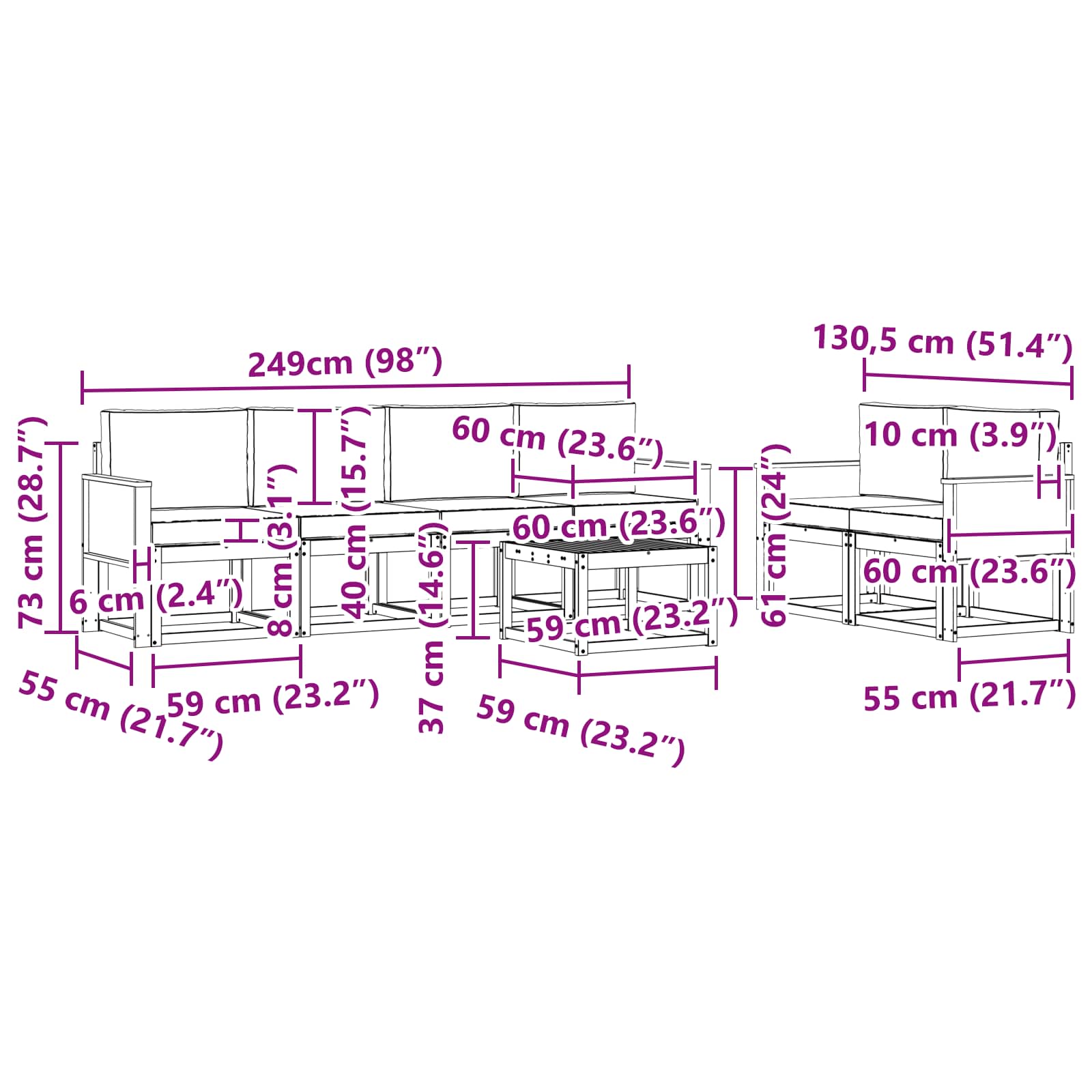 Set vanjskih sofa s jastukom 6 pcs Prirodna