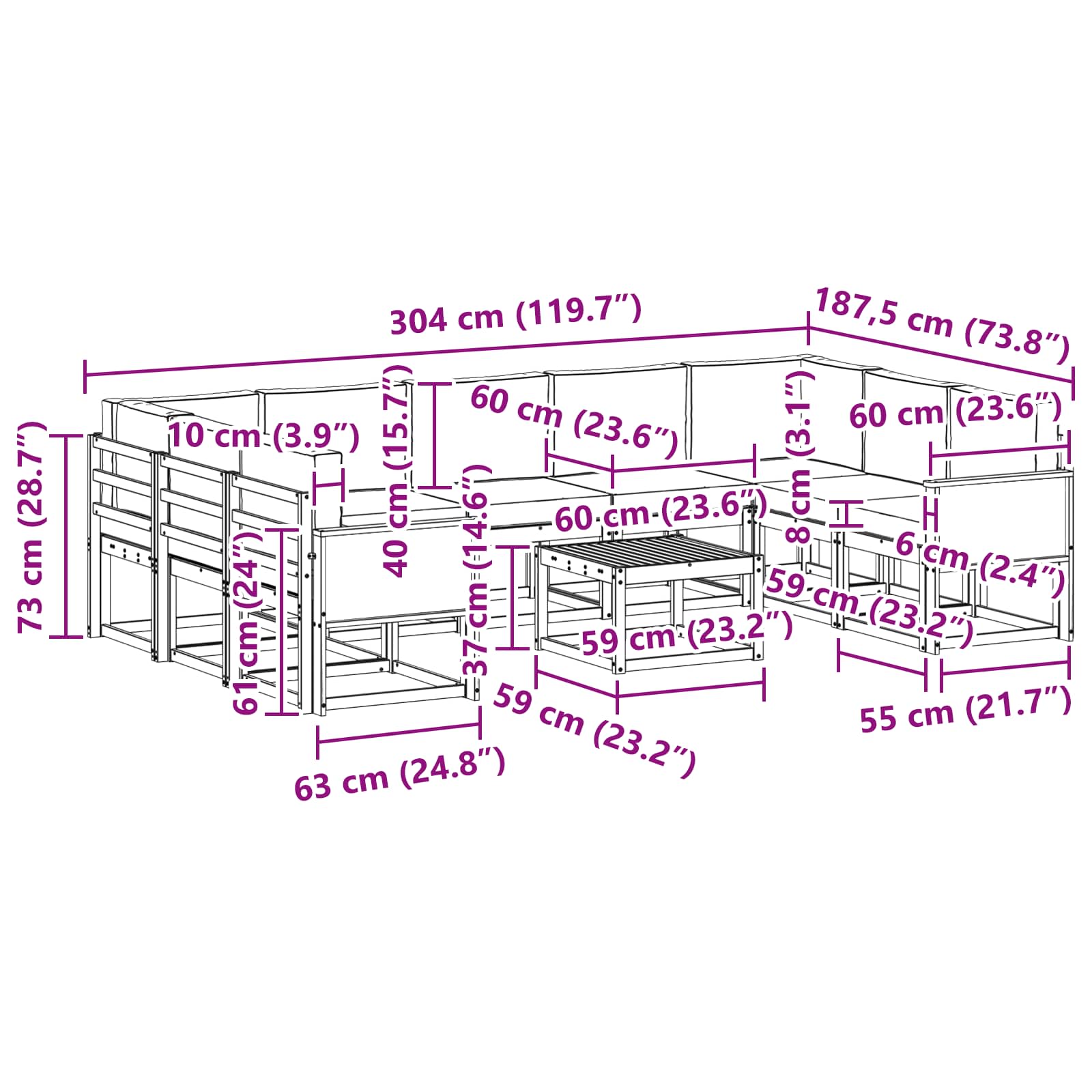 Set vanjskih sofa 10 pcs Prirodna i krem Čvrsto drvo akacije