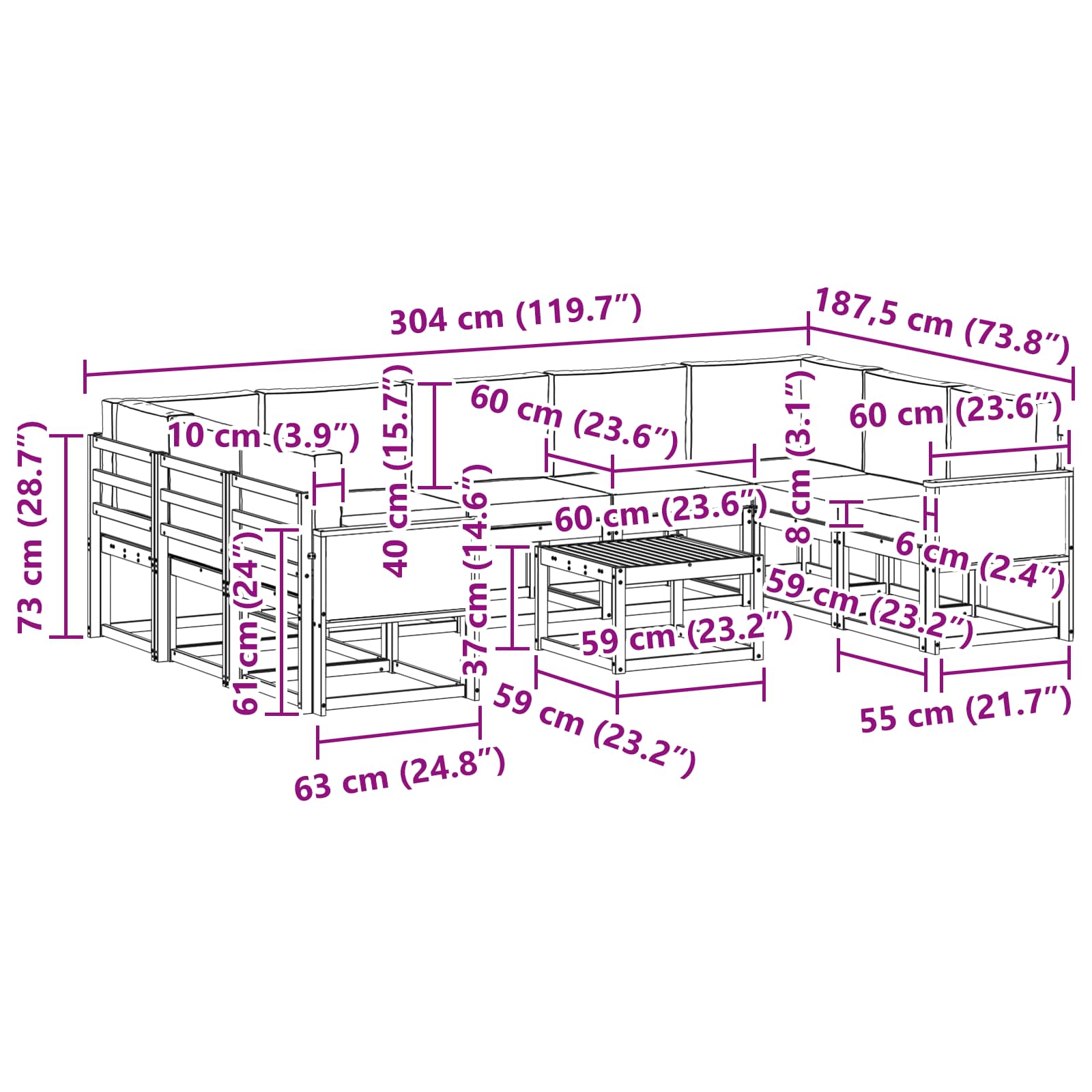Set vanjskih sofa 10 pcs Prirodna i krem Čvrsto drvo akacije