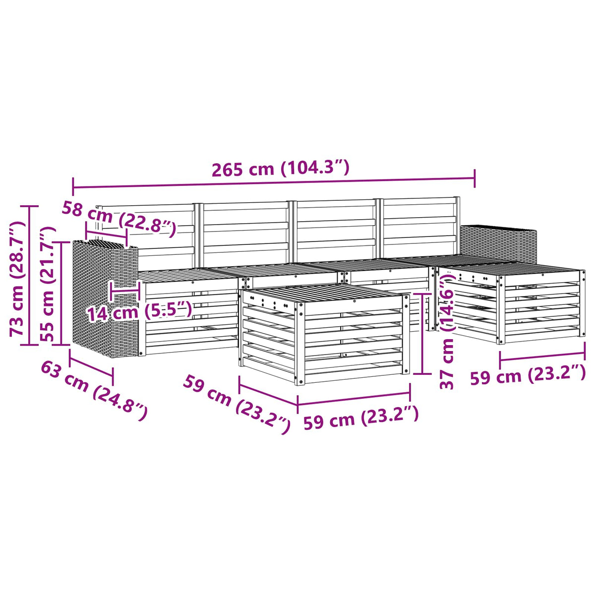 Set vanjskih sofa 6 kom. Prirodna