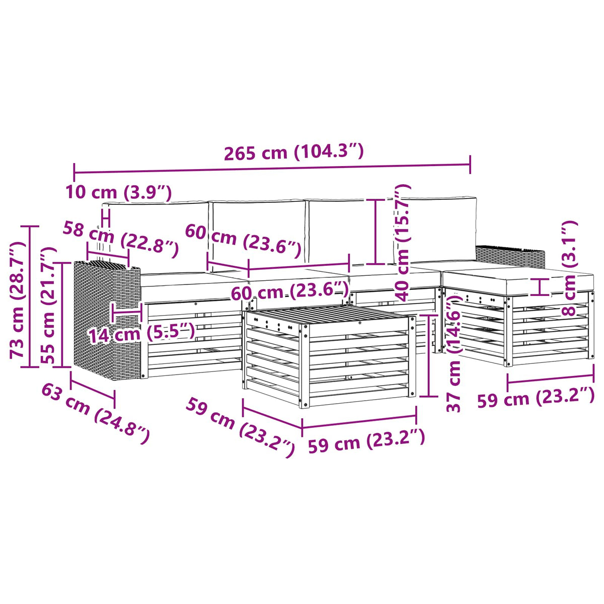 Set vanjskih sofa 6 kom. Prirodna i svjetlosiva