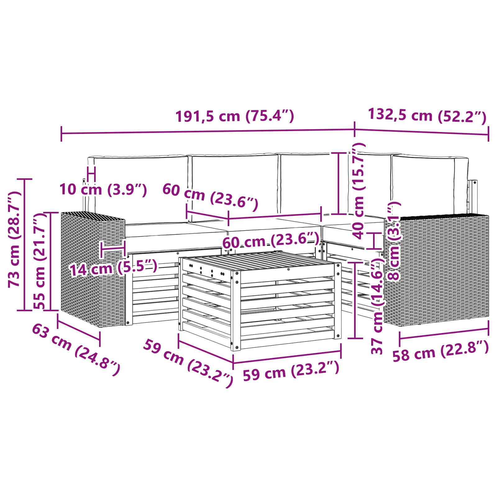 Set vanjskih sofa 5 pcs Prirodna i svjetlosiva 59 x 59 x 37 cm