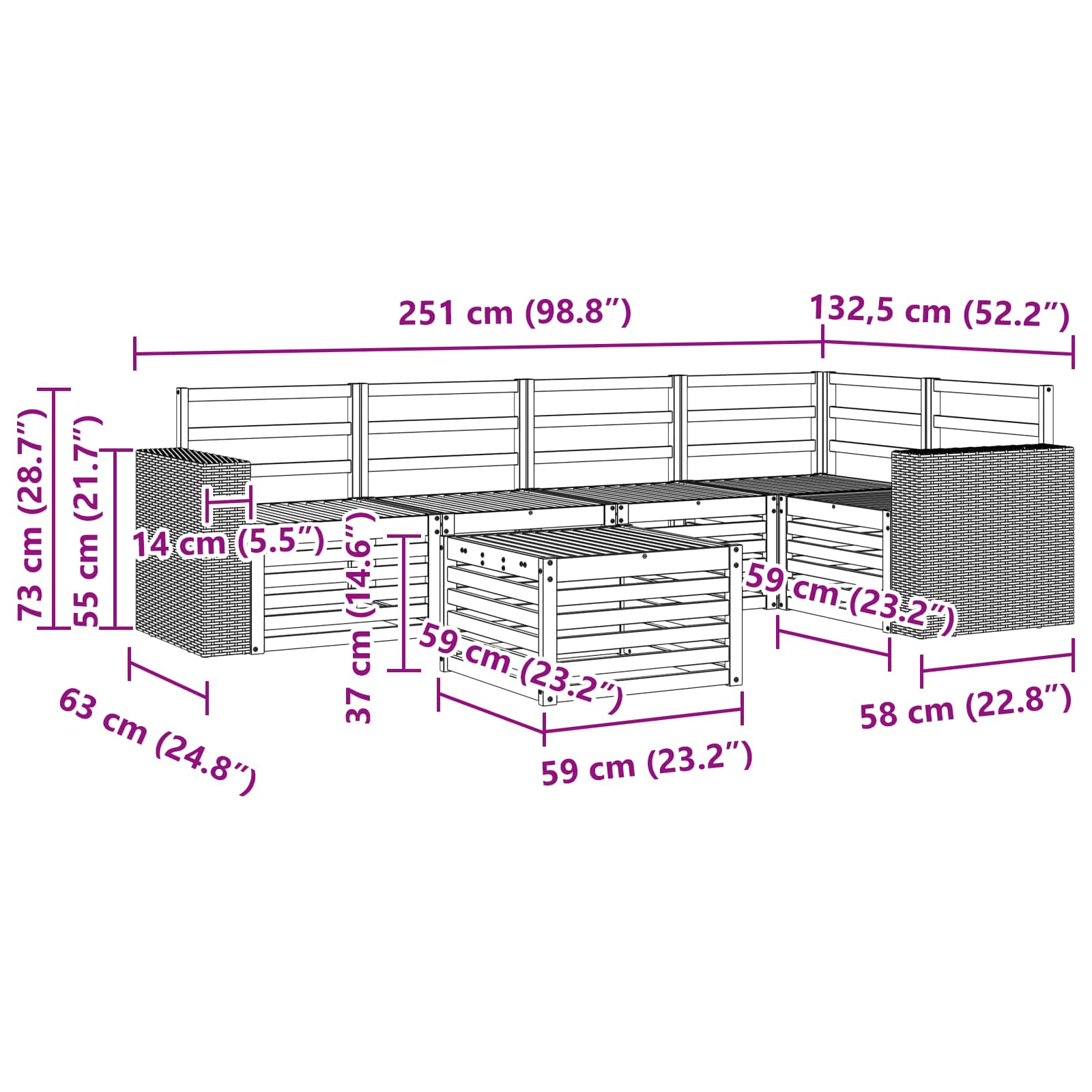Sekcijska garnitura 6 pcs Prirodna Čvrsto drvo akacije