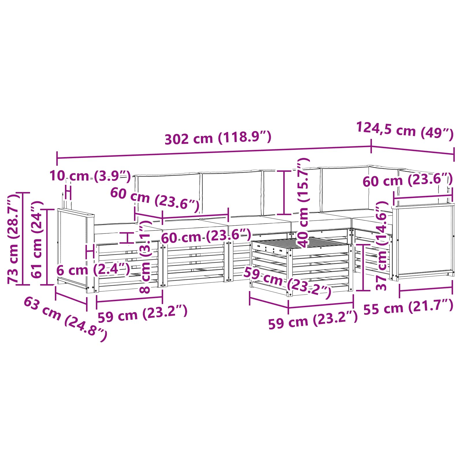 Sekcijska garnitura s jastukom 6 pcs Prirodna