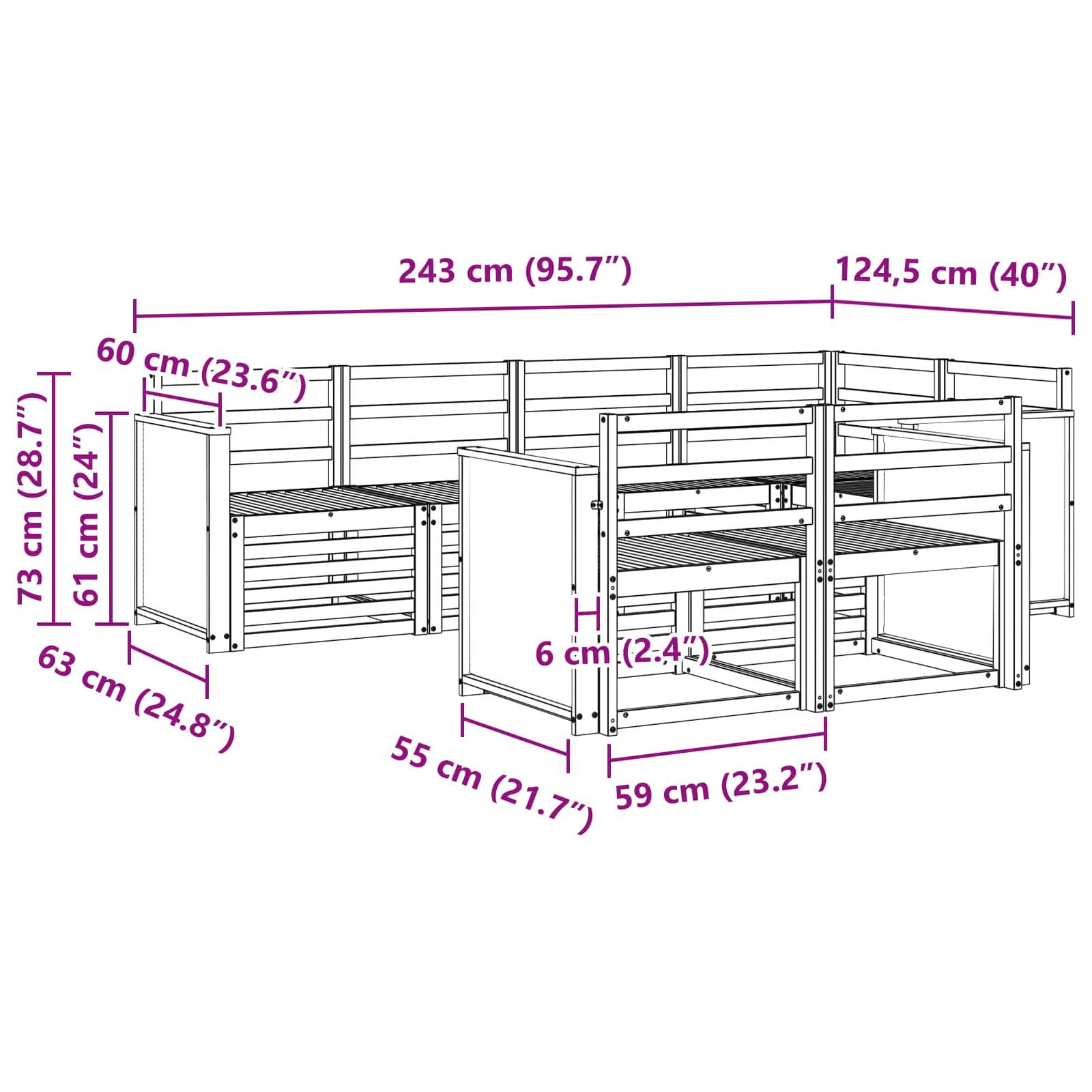 Sekcijska garnitura 6 pcs Prirodna Čvrsto drvo akacije