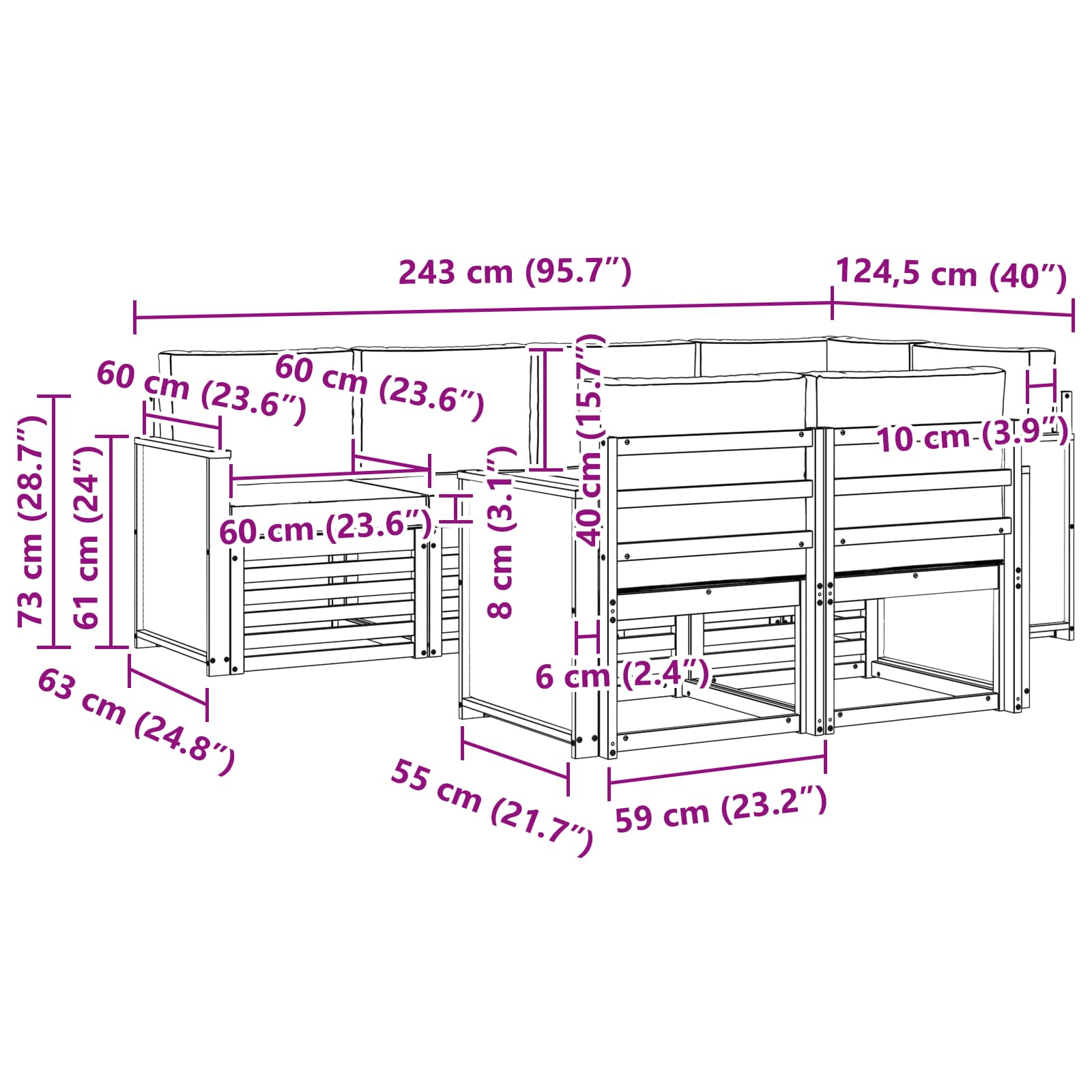 Sekcijska garnitura s jastukom 6 pcs Prirodna