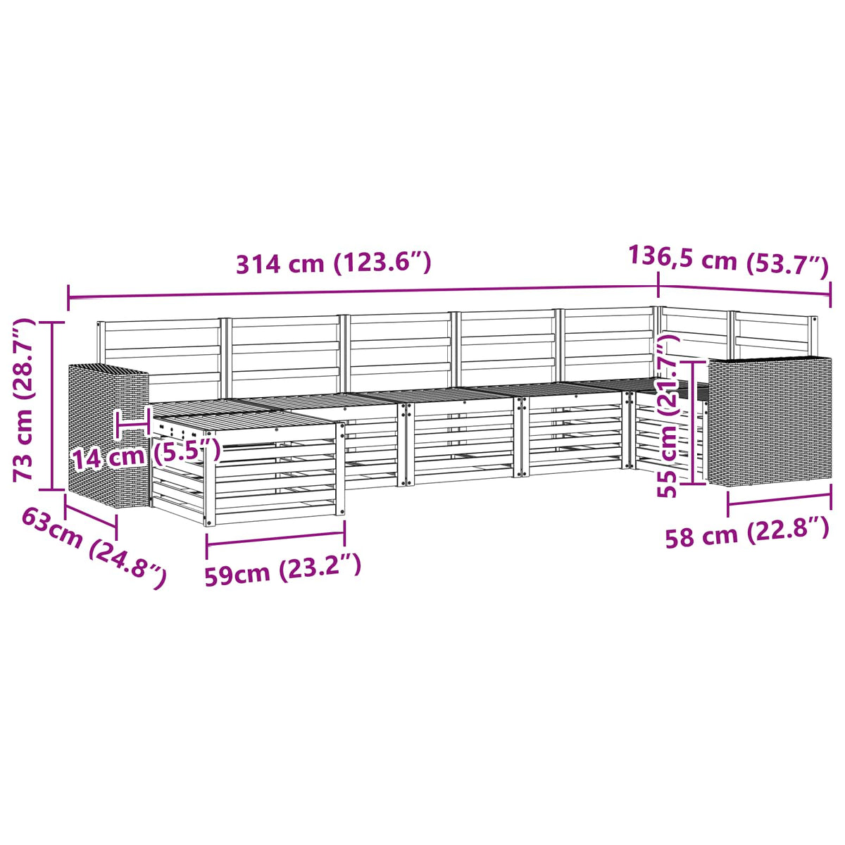 Set vanjskih sofa 7 kom. Prirodna 314 x 136,5 x 73 cm