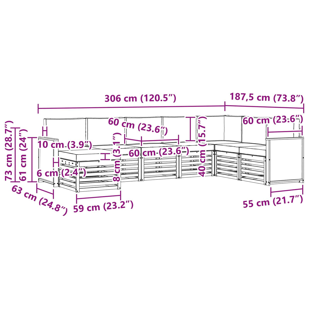 Set vanjskih sofa 6 kom. Prirodna