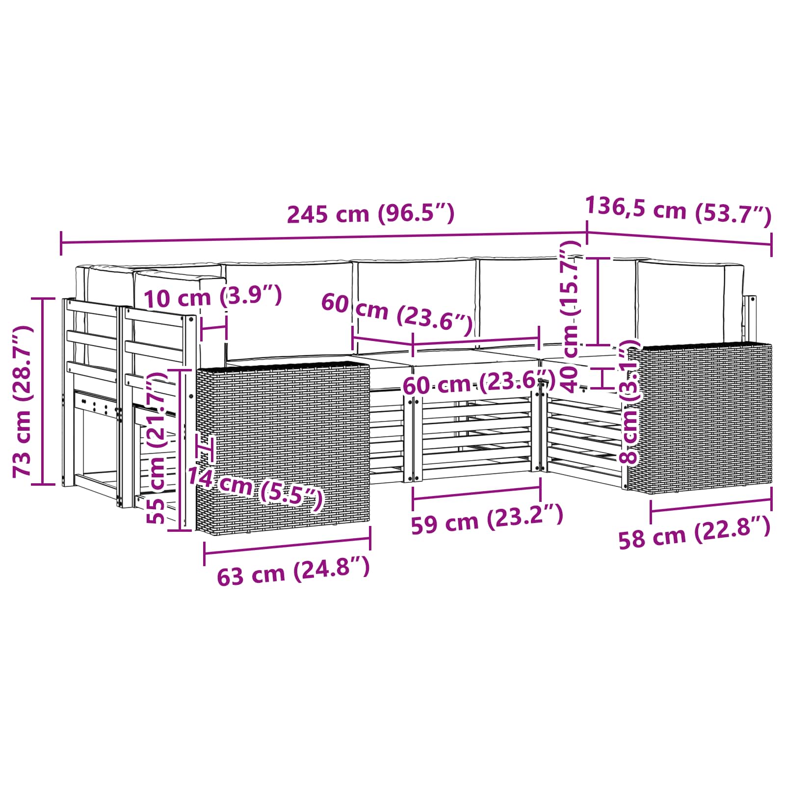 Sekcijska garnitura 6 pcs Prirodna i svjetlosiva Poliester