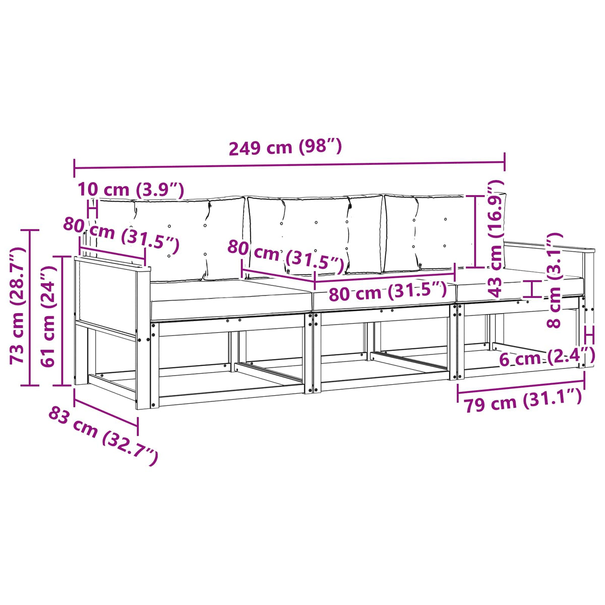 Set vanjskih sofa s jastukom 3 pcs Prirodna i Svjetlosiva