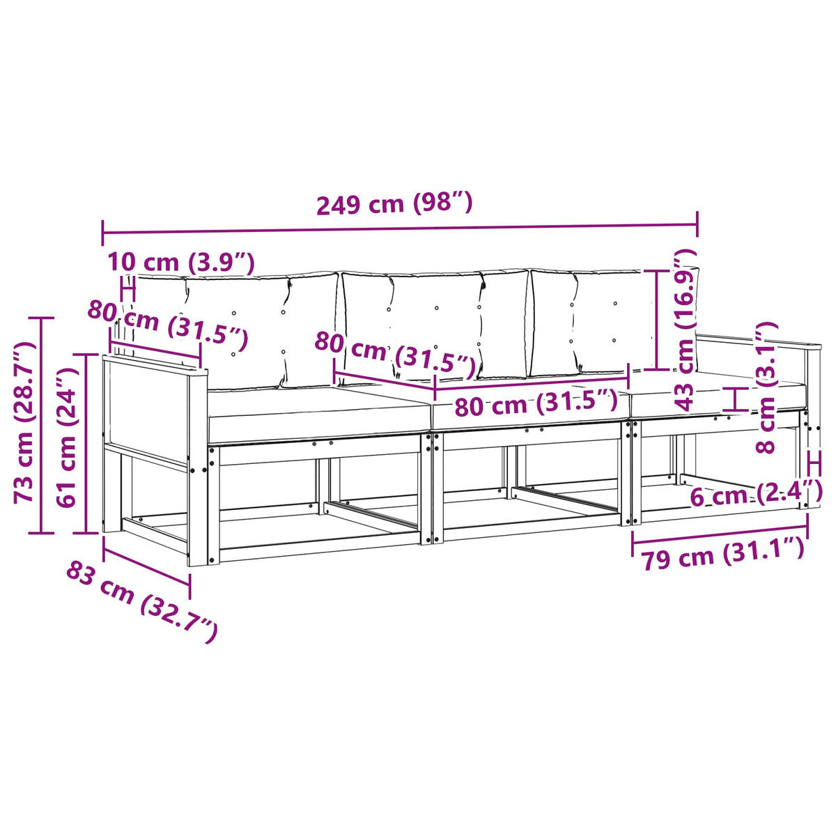 Set vanjskih sofa s jastukom 3 pcs Prirodna i Svjetlosiva