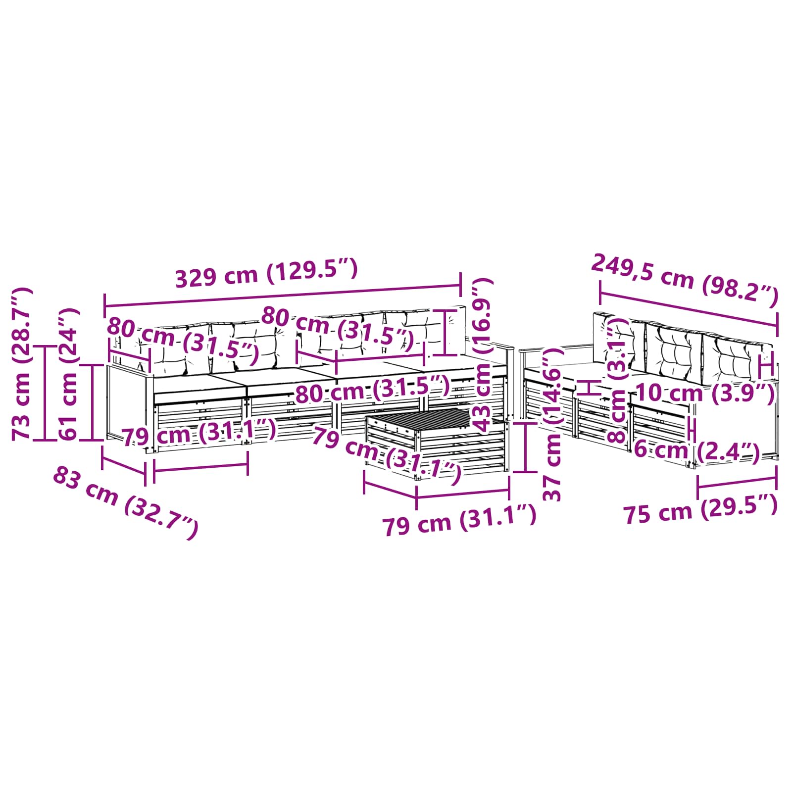 Set vanjskih sofa 8 pcs Prirodna i svjetlosiva 79 x 79 x 37 cm