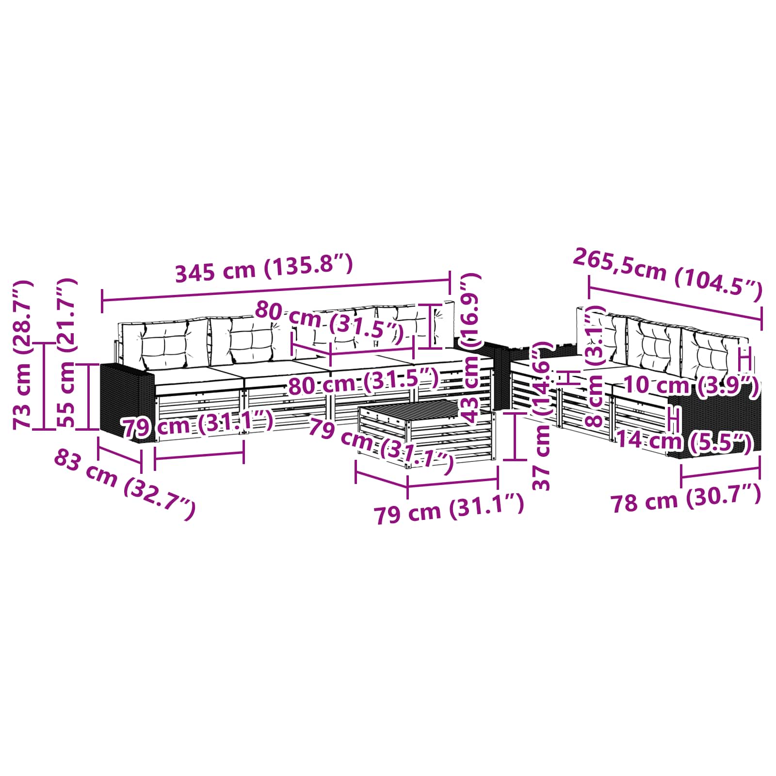 Set vanjskih sofa 8 pcs Prirodna i svjetlosiva 79 x 79 x 37 cm