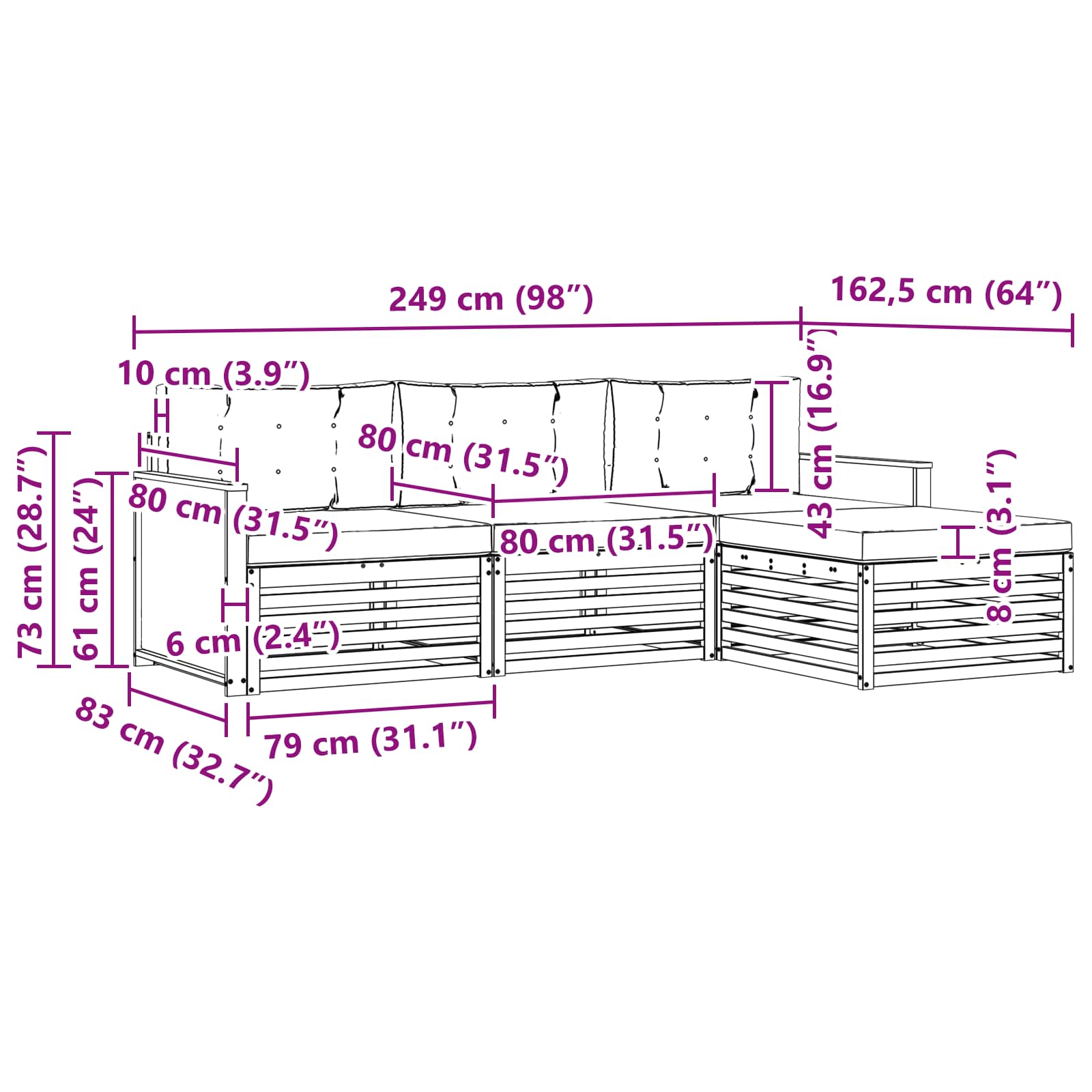 Set vanjskih sofa Prirodna i antracit 249 x 162,5 x 73 cm