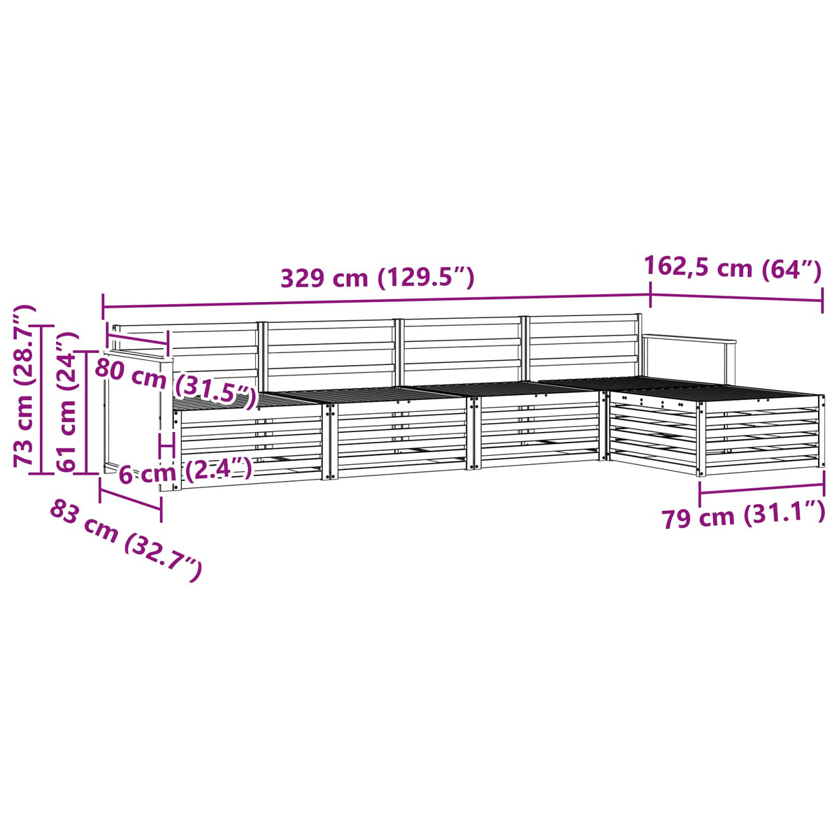 Set vanjskih sofa 5 kom. Prirodna Čvrsto drvo akacije 329 x 162,5 x 73 cm