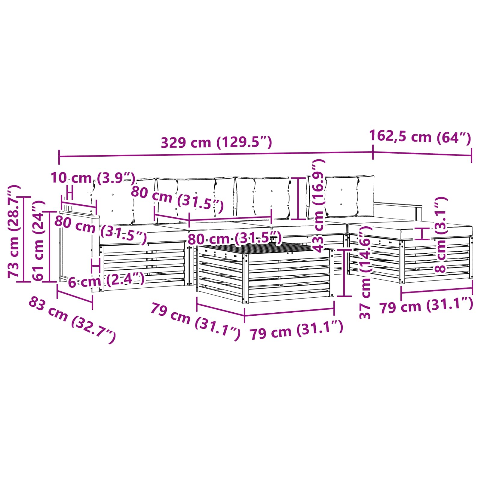 Set vanjskih sofa 6 pcs Prirodna i bež 79 x 79 x 37 cm