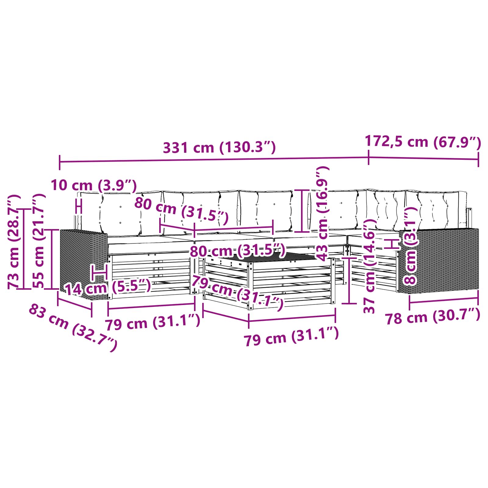 Set vanjskih sofa 6 pcs Prirodna i krem 79 x 79 x 37 cm