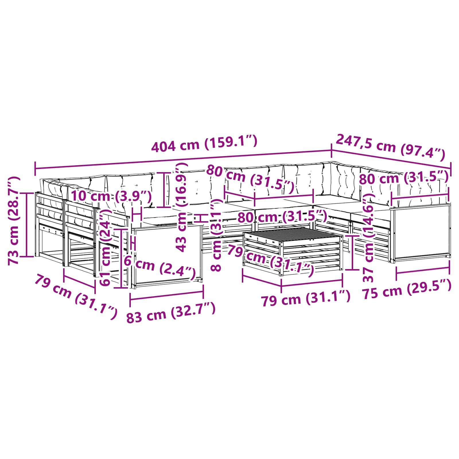 Set vanjskih sofa s jastukom 10 pcs Prirodna i svjetlosiva
