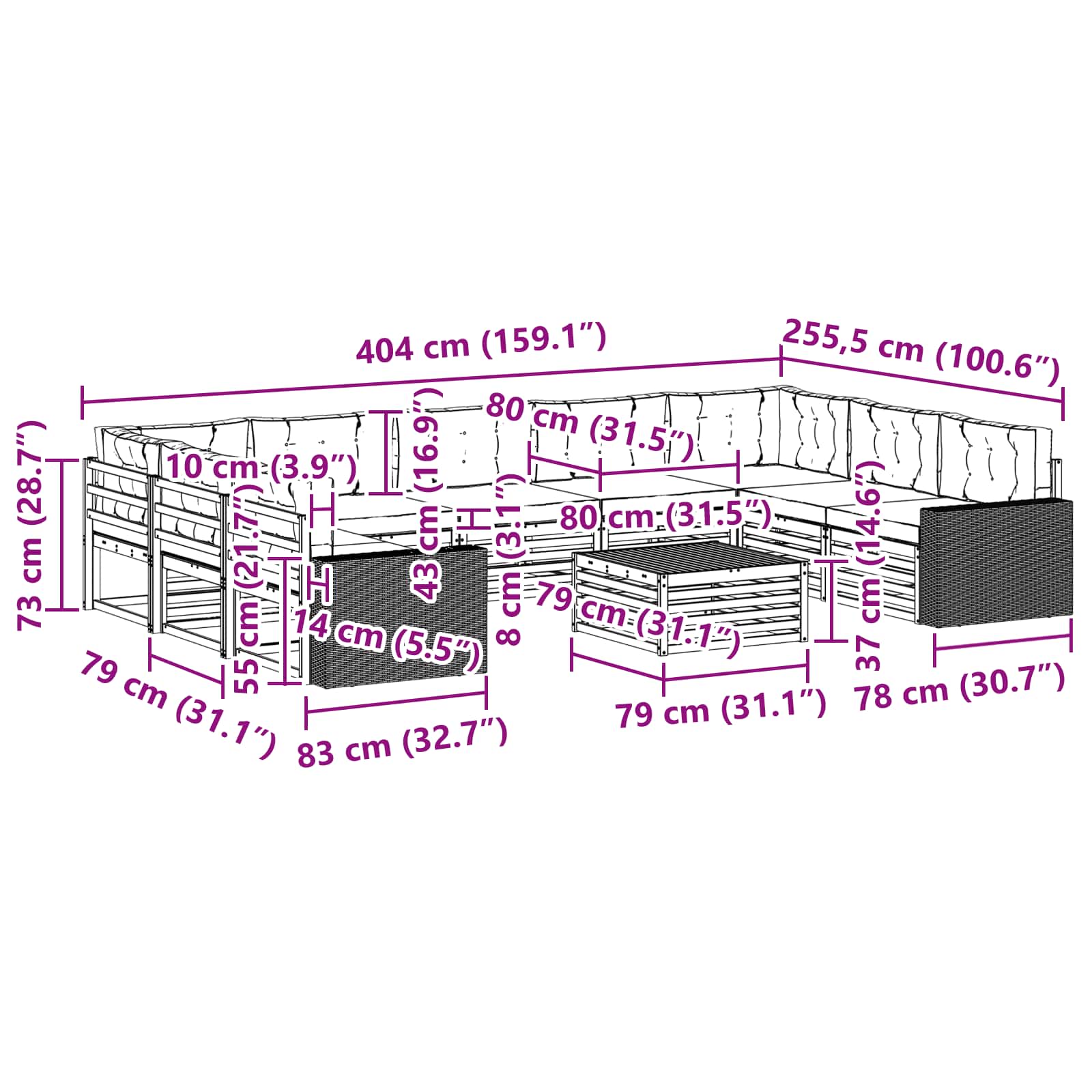 Set vanjskih sofa s jastukom 10 pcs Prirodna i svjetlosiva