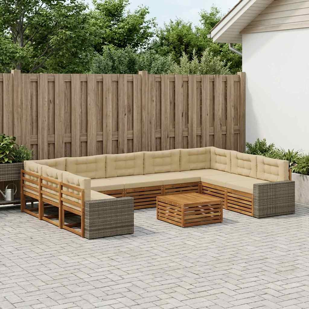Set vanjskih sofa 10 kom. Prirodna i bež Čvrsto drvo akacije