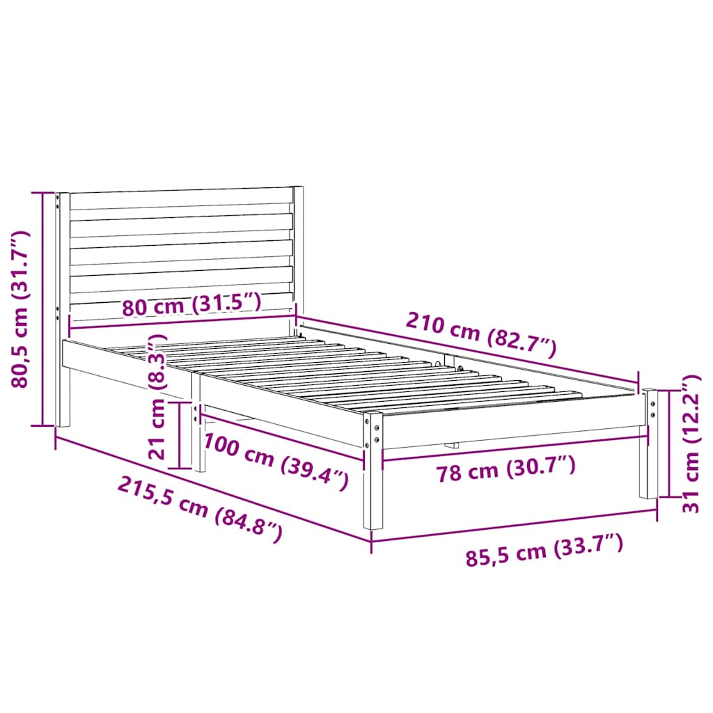 Krevetna konstrukcija Bijelo 80 x 210 cm Čvrsto borovo drvo