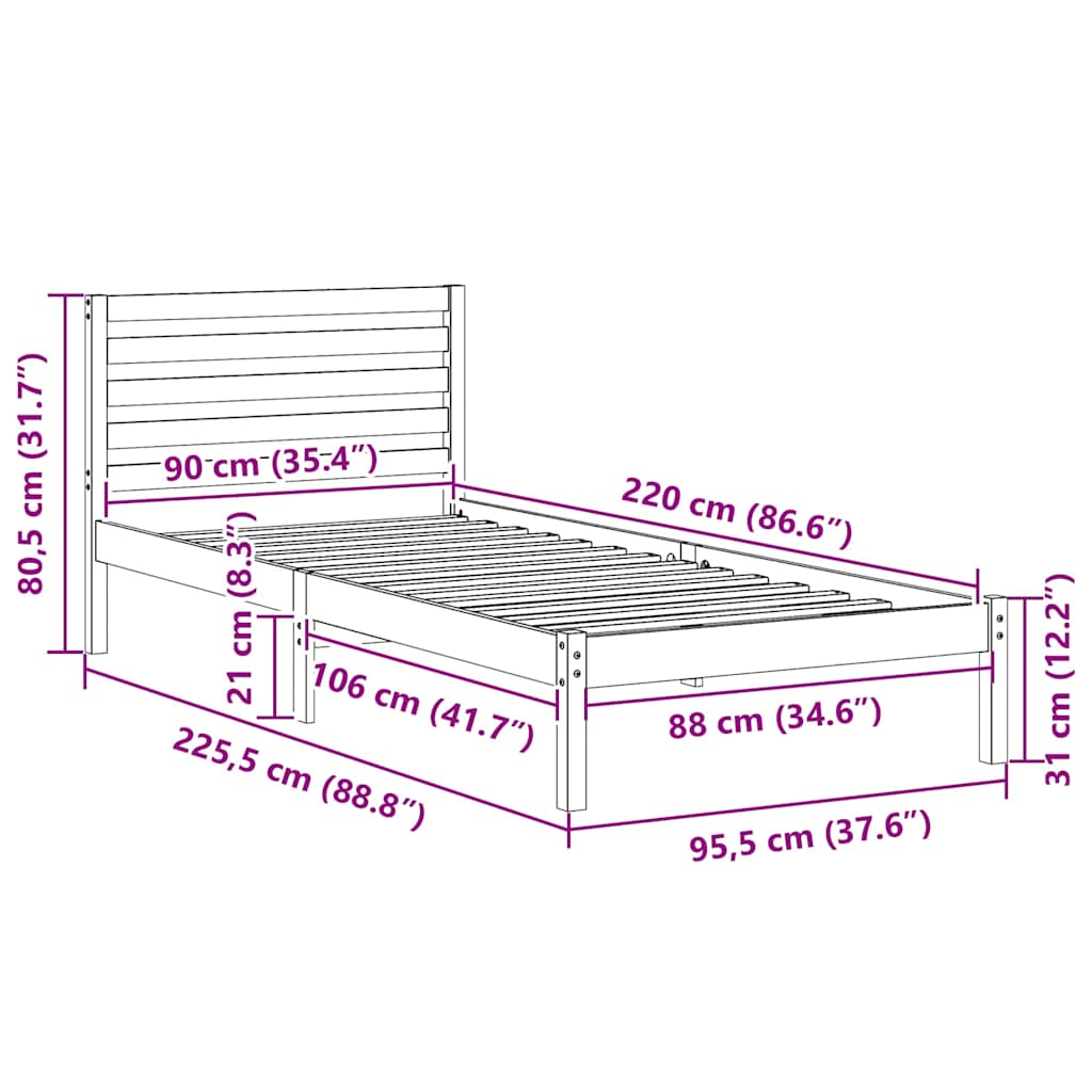 Krevetna konstrukcija Smeđa 90 x 220 cm Čvrsto borovo drvo