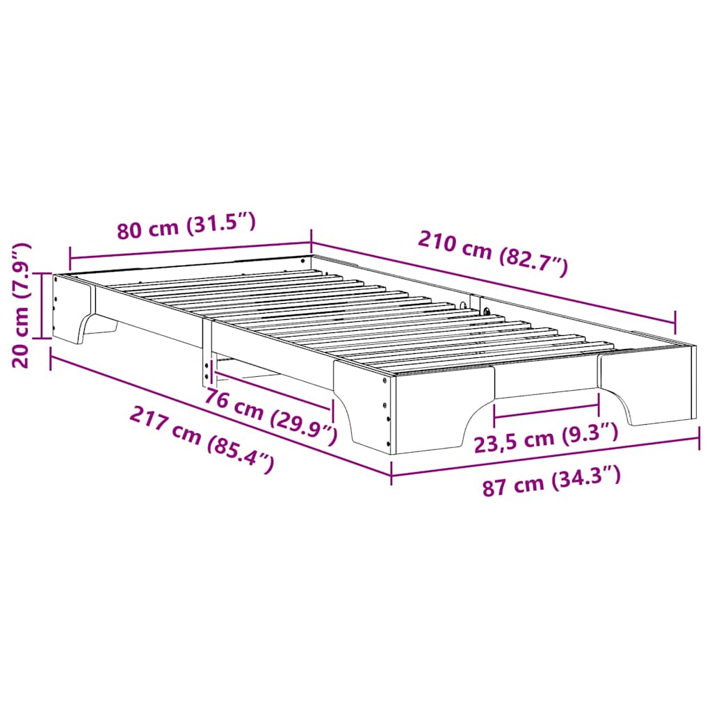 Krevetna konstrukcija Bijelo 80 x 210 cm Čvrsto borovo drvo