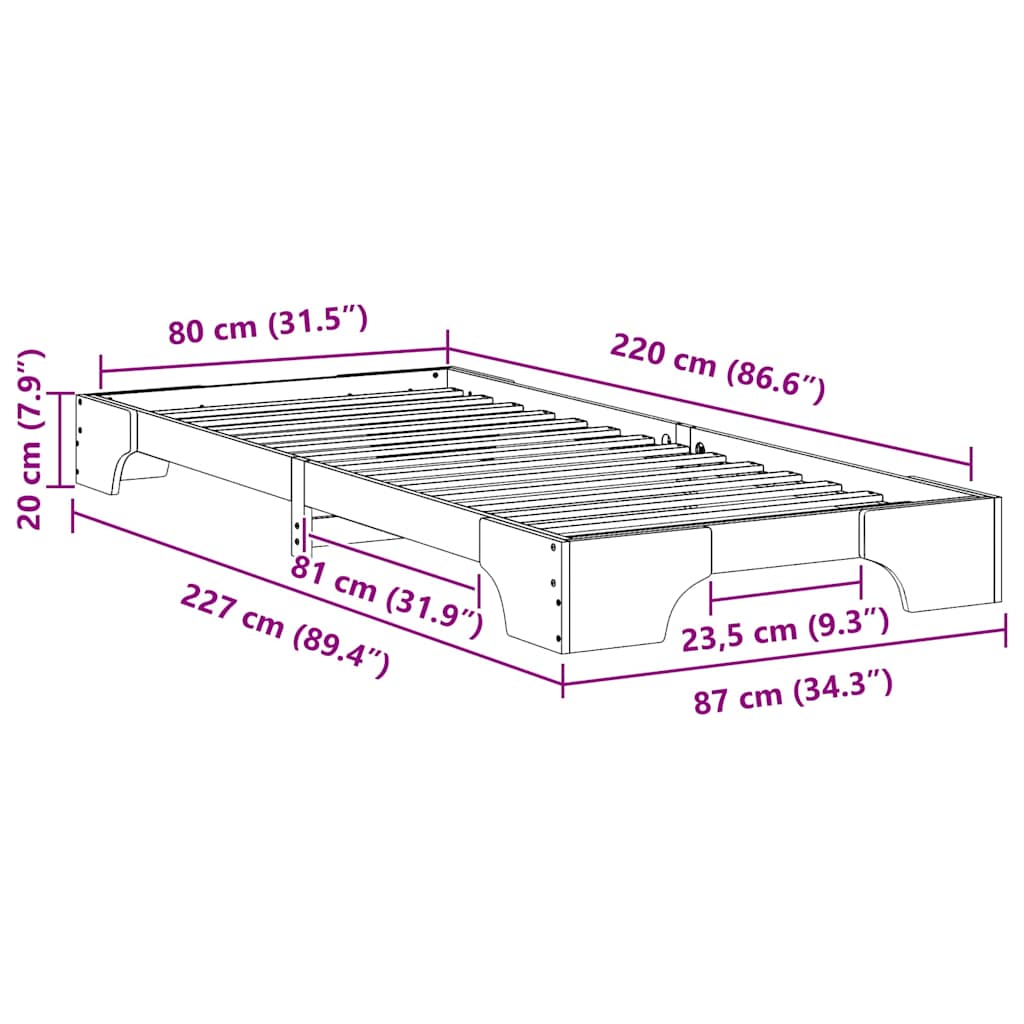 Krevetna konstrukcija Bijelo 80 x 220 cm Čvrsto borovo drvo