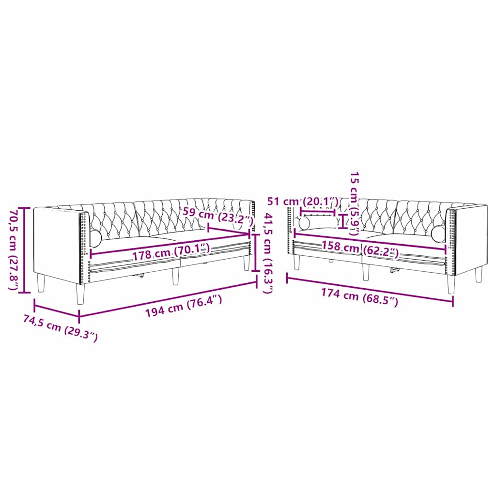 Kauč za dnevni boravak 2 pcs Tamno siva 194 x 74,5 x 70,5 cm