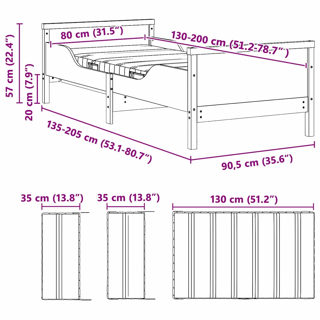 Krevet s produžetnim madracem s uzglavljem Bijelo 80 x 200 cm