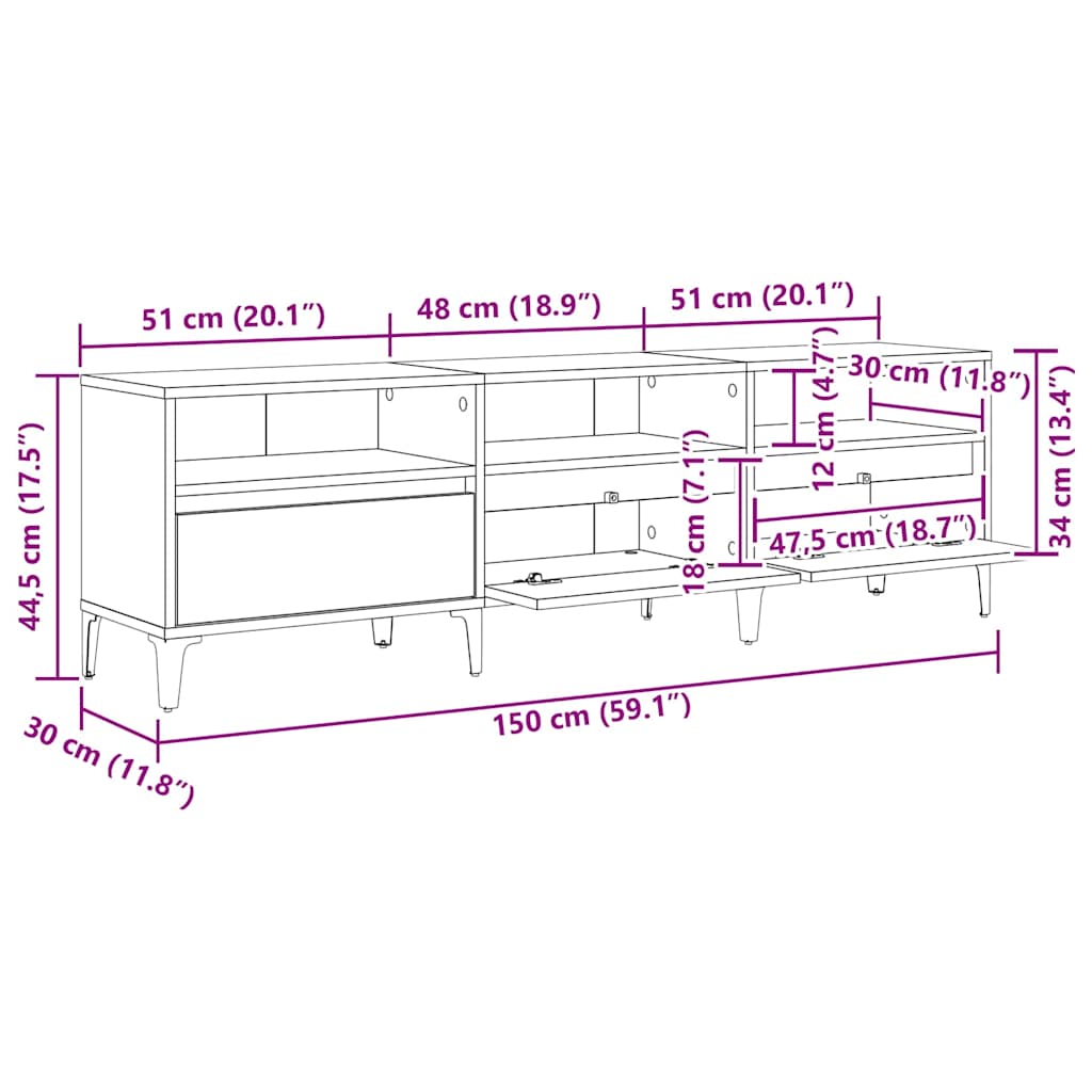 TV ormar Crni hrast 150 x 30 x 45 cm Obrađeno drvo i čelik